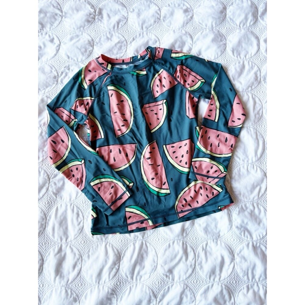 Tea Collection Green Long Sleeve Watermelon Print Rash Guard Swimsuit Girls 10